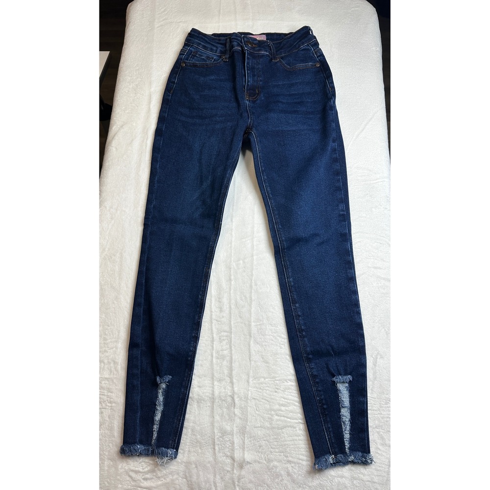 Bamboo Skinny Jeans Women Size 7 Dark Blue Distressed Frayed Hem High Rise